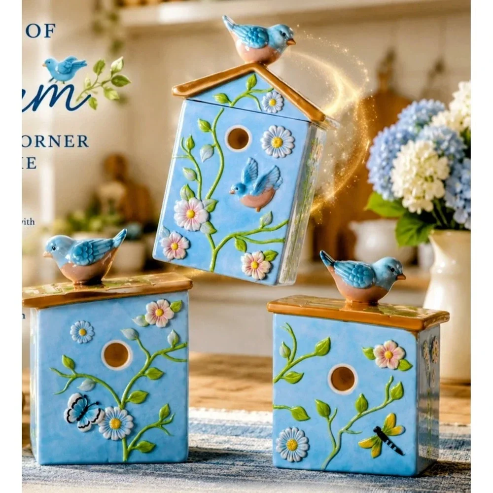 Ceramic Birdhouse Canister Set 3 Piece Bluebird & Floral Nesting Kitchen Jars